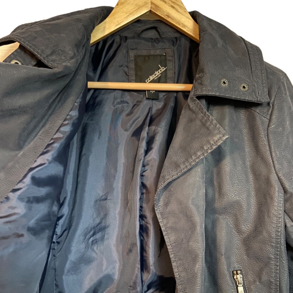 Women’s Dark Blue Faux Leather Biker Jacket - Picture 4 of 9